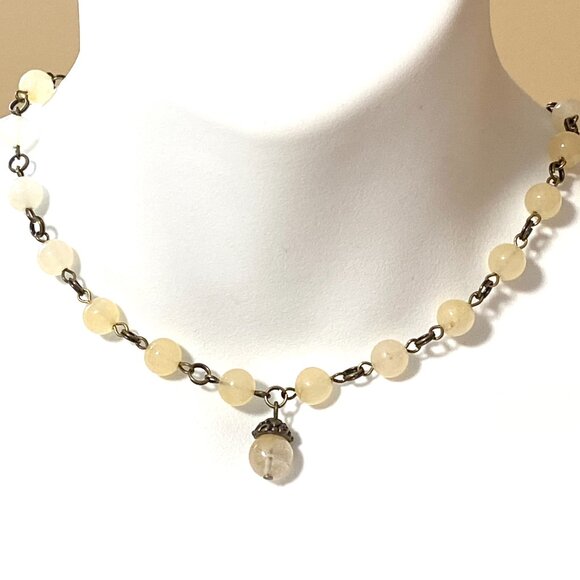 Natural Yellow Aventurine Necklace, Cute Bronze Acorn + Genuine Gemstone Choker - Picture 2 of 13